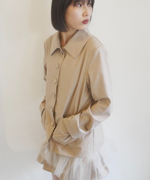 HONEY MI HONEY(ハニーミーハニー)の「pinstripe tulle docking jacket(テーラードジャケット・レディース・ベージュ/グレー/ブラック・FREE)」の9枚目の写真