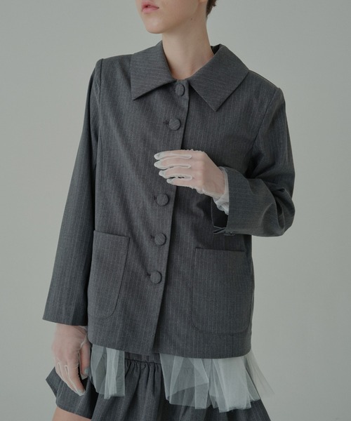 HONEY MI HONEY(ハニーミーハニー)の「pinstripe tulle docking jacket(テーラードジャケット・レディース・ベージュ/グレー/ブラック・FREE)」の4枚目の写真
