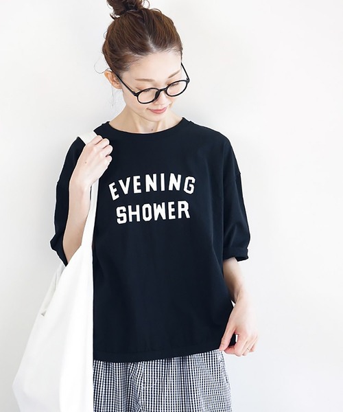 SOLAMONAT（ソラモナ）の「パフ天竺　ハーフスリーブプリントTシャツ(EVENING)（Tシャツ/カットソー・レディース・杢グレー/ホワイト×ブラック/ブラック/ホワイト×レッド/ホワイト×グレー/ホワイト×ピンク・FREE）」の5枚目の写真
