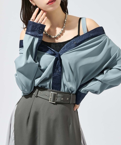 Ellno de Mavie(エルノデメヴィ)の「2wayジャガードクレリックシャツ(シャツ/ブラウス・レディース・ブルー/チャコール/ブラック・FREE)」の2枚目の写真