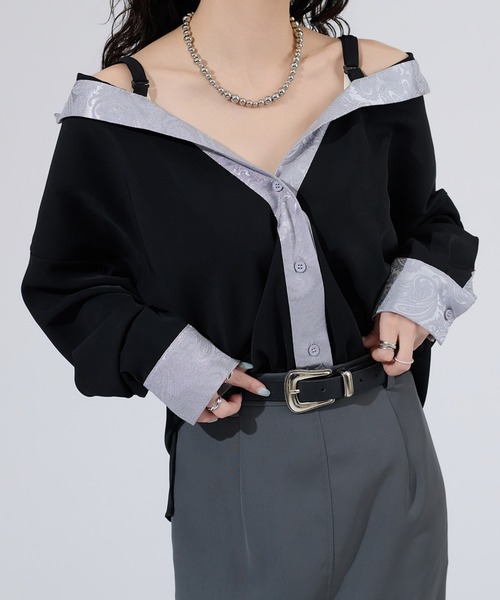 Ellno de Mavie(エルノデメヴィ)の「2wayジャガードクレリックシャツ(シャツ/ブラウス・レディース・ブルー/チャコール/ブラック・FREE)」の1枚目の写真