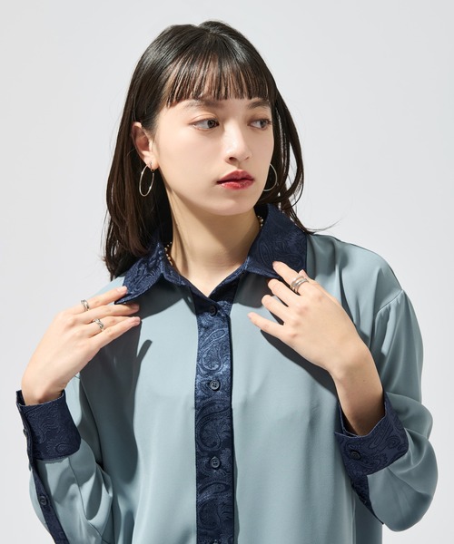 Ellno de Mavie(エルノデメヴィ)の「2wayジャガードクレリックシャツ(シャツ/ブラウス・レディース・ブルー/チャコール/ブラック・FREE)」の10枚目の写真