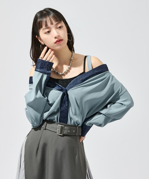 Ellno de Mavie(エルノデメヴィ)の「2wayジャガードクレリックシャツ(シャツ/ブラウス・レディース・ブルー/チャコール/ブラック・FREE)」の4枚目の写真