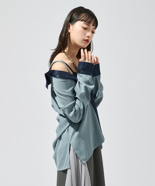 Ellno de Mavie(エルノデメヴィ)の「2wayジャガードクレリックシャツ(シャツ/ブラウス・レディース・ブルー/チャコール/ブラック・FREE)」の6枚目の写真