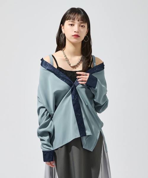 Ellno de Mavie(エルノデメヴィ)の「2wayジャガードクレリックシャツ(シャツ/ブラウス・レディース・ブルー/チャコール/ブラック・FREE)」の5枚目の写真