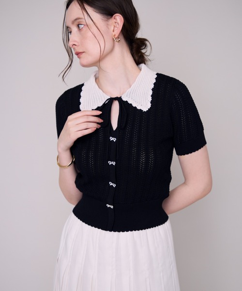 MISCH MASCH(ミッシュマッシュ)の「2026春夏新作 一部店舗限定 透かし編み配色襟ニット(ニット/セーター・レディース・ブラック/ホワイト・フリ-)」の1枚目の写真