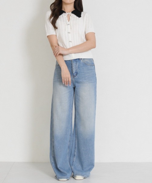 MISCH MASCH(ミッシュマッシュ)の「2026春夏新作 一部店舗限定 透かし編み配色襟ニット(ニット/セーター・レディース・ブラック/ホワイト・フリ-)」の3枚目の写真