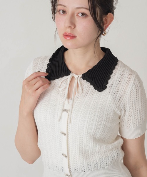 MISCH MASCH(ミッシュマッシュ)の「2026春夏新作 一部店舗限定 透かし編み配色襟ニット(ニット/セーター・レディース・ブラック/ホワイト・フリ-)」の16枚目の写真