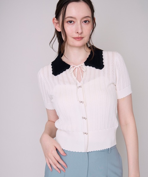 MISCH MASCH(ミッシュマッシュ)の「2026春夏新作 一部店舗限定 透かし編み配色襟ニット(ニット/セーター・レディース・ブラック/ホワイト・フリ-)」の17枚目の写真