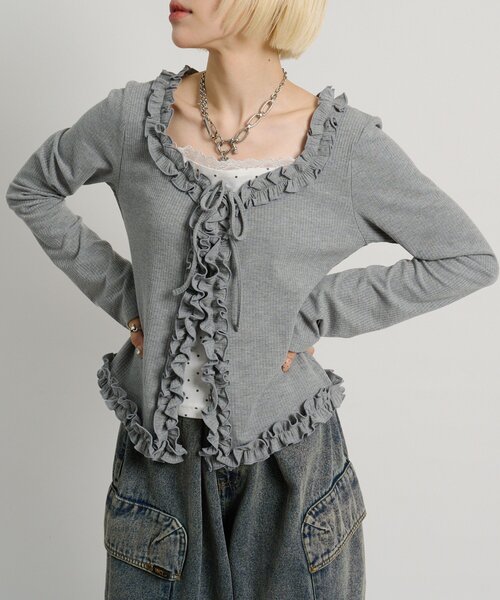 w closet（ダブルクローゼット）の「ドットレイヤードフリルカーディガン（Tシャツ/カットソー・レディース・オフホワイト/ブルー/ピンク/グレー・FREE）」の3枚目の写真