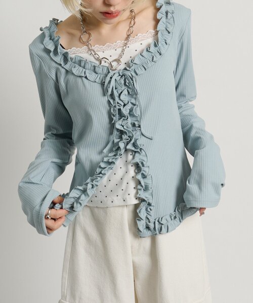 w closet（ダブルクローゼット）の「ドットレイヤードフリルカーディガン（Tシャツ/カットソー・レディース・オフホワイト/ブルー/ピンク/グレー・FREE）」の4枚目の写真