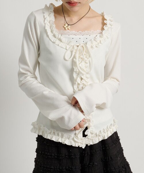 w closet（ダブルクローゼット）の「ドットレイヤードフリルカーディガン（Tシャツ/カットソー・レディース・オフホワイト/ブルー/ピンク/グレー・FREE）」の8枚目の写真