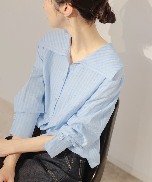 La TOTALITE(ラトータリテ)の「【洗える】ビックカラーブラウス(シャツ/ブラウス・レディース・ホワイト/スカイブルー・FREE)」の4枚目の写真