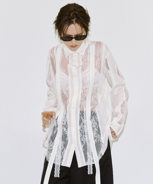 JOSE MOON(ジョゼムーン)の「VERTICAL LACE SHIRT/ヴァーティカルレースシャツ(シャツ/ブラウス・レディース・ブラック/ホワイト・FREE)」の4枚目の写真