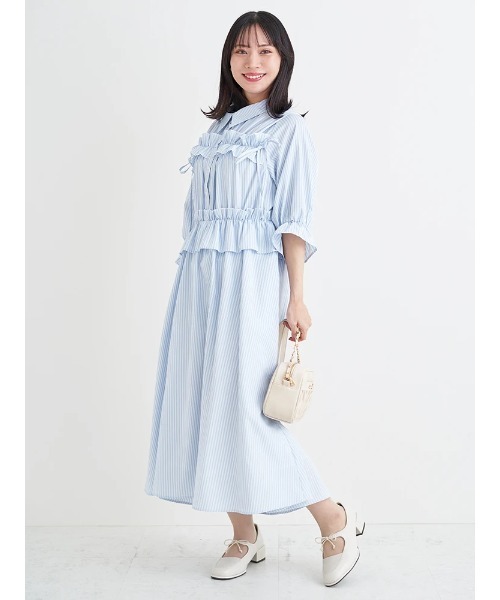 Re-J&SUPURE(リジェイアンドスプル)の「【大きいサイズ】フリル×リボンシャツワンピース(無地・ストライプ)(ワンピース・レディース・ネイビー/A・XXXX-LARGE/XXX-LARGE/XX-LARGE)」の1枚目の写真
