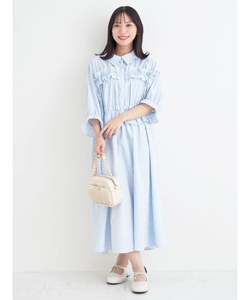 Re-J&SUPURE(リジェイアンドスプル)の「【大きいサイズ】フリル×リボンシャツワンピース(無地・ストライプ)(ワンピース・レディース・ネイビー/A・XXXX-LARGE/XXX-LARGE/XX-LARGE)」の5枚目の写真