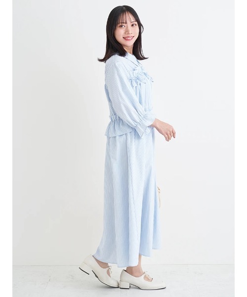 Re-J&SUPURE(リジェイアンドスプル)の「【大きいサイズ】フリル×リボンシャツワンピース(無地・ストライプ)(ワンピース・レディース・ネイビー/A・XXXX-LARGE/XXX-LARGE/XX-LARGE)」の6枚目の写真