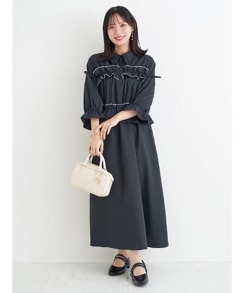 Re-J&SUPURE(リジェイアンドスプル)の「【大きいサイズ】フリル×リボンシャツワンピース(無地・ストライプ)(ワンピース・レディース・ネイビー/A・XXXX-LARGE/XXX-LARGE/XX-LARGE)」の8枚目の写真