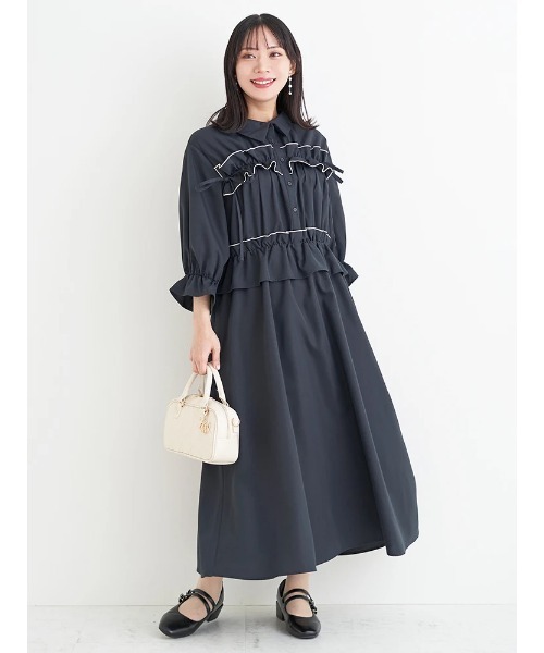 Re-J&SUPURE(リジェイアンドスプル)の「【大きいサイズ】フリル×リボンシャツワンピース(無地・ストライプ)(ワンピース・レディース・ネイビー/A・XXXX-LARGE/XXX-LARGE/XX-LARGE)」の10枚目の写真