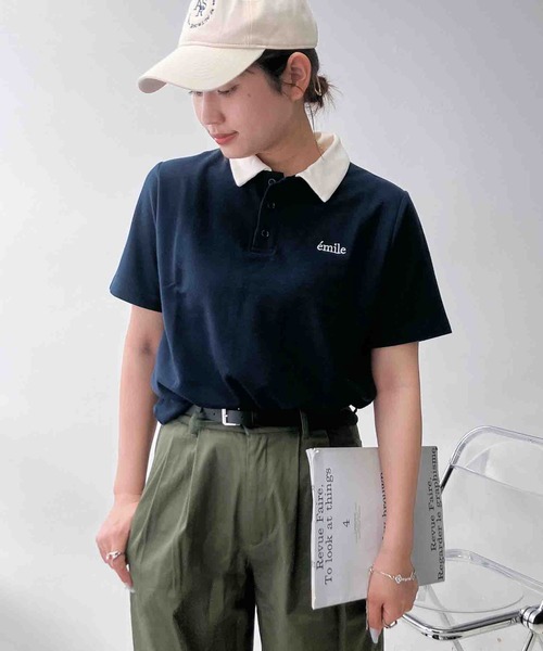 AS KNOW AS plus(アズノゥアズプラス)の「〇胸元ワンポイントロゴ刺繍 配色カラー ポロTシャツ(ポロシャツ・レディース・ネイビー/アイボリー/チャコールグレー・FREE)」の3枚目の写真