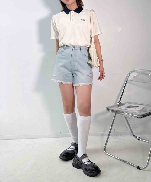 AS KNOW AS plus(アズノゥアズプラス)の「〇胸元ワンポイントロゴ刺繍 配色カラー ポロTシャツ(ポロシャツ・レディース・ネイビー/アイボリー/チャコールグレー・FREE)」の6枚目の写真