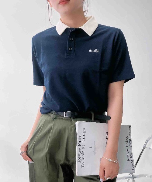 AS KNOW AS plus(アズノゥアズプラス)の「〇胸元ワンポイントロゴ刺繍 配色カラー ポロTシャツ(ポロシャツ・レディース・ネイビー/アイボリー/チャコールグレー・FREE)」の7枚目の写真