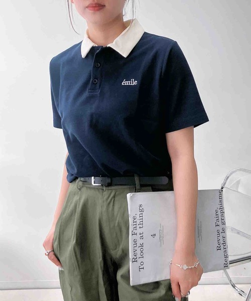 AS KNOW AS plus(アズノゥアズプラス)の「〇胸元ワンポイントロゴ刺繍 配色カラー ポロTシャツ(ポロシャツ・レディース・ネイビー/アイボリー/チャコールグレー・FREE)」の9枚目の写真