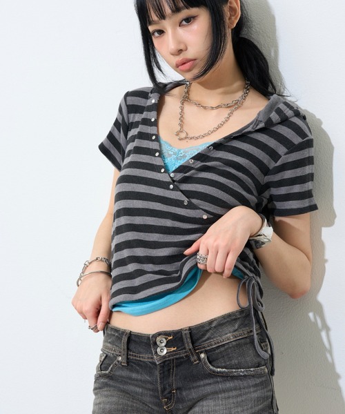 WHO'S WHO gallery(フーズフーギャラリー)の「リブカシュクールフレンチフーディ(無地/ボーダー/スター)(Tシャツ/カットソー・レディース・ホワイト系その他/ライトグレー/イエロー/サックスブルー/スカイブルー/ブラック/オフホワイト/グレー・FREE)」の6枚目の写真