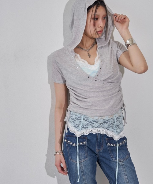WHO'S WHO gallery(フーズフーギャラリー)の「リブカシュクールフレンチフーディ(無地/ボーダー/スター)(Tシャツ/カットソー・レディース・ホワイト系その他/ライトグレー/イエロー/サックスブルー/スカイブルー/ブラック/オフホワイト/グレー・FREE)」の5枚目の写真