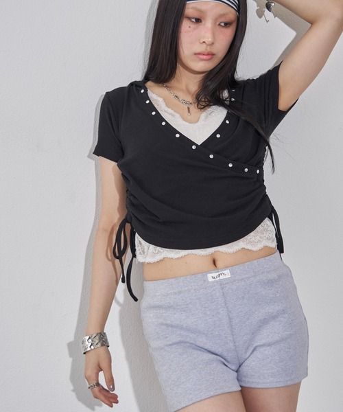 WHO'S WHO gallery(フーズフーギャラリー)の「リブカシュクールフレンチフーディ(無地/ボーダー/スター)(Tシャツ/カットソー・レディース・ホワイト系その他/ライトグレー/イエロー/サックスブルー/スカイブルー/ブラック/オフホワイト/グレー・FREE)」の4枚目の写真