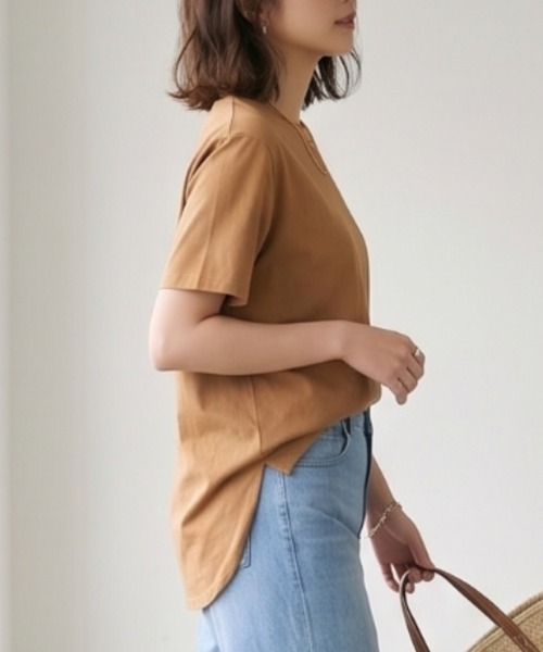 MULEXS(ミューレクス)の「【接触冷感】ラウンドヘム 綿モダール リラックス クルーネック 半袖 Tシャツ(Tシャツ/カットソー・レディース・グレイッシュベージュ/スモークピンク/ダークブルー/ブラウン系・L(UB-)/M)」の2枚目の写真