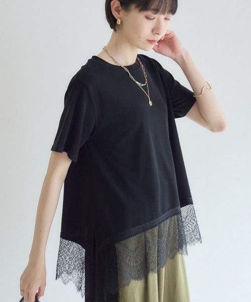Paradise Picnic(パラダイスピクニック)の「ROSIEE 裾レース半袖トップス(Tシャツ/カットソー・レディース・ブラック/ホワイト/ブラウン・FREE)」の2枚目の写真