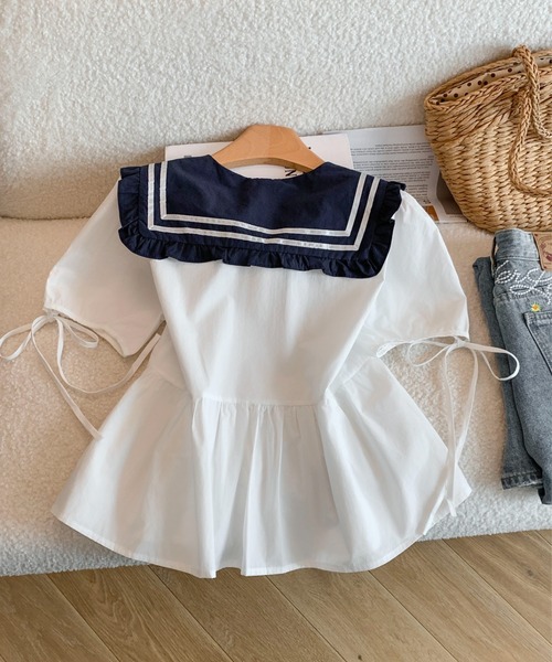 AMAJI（アマジ）の「リボン ウエストシェイプ 半袖 トップス（その他トップス・レディース・ライトブルー/ホワイト・SMALL/MEDIUM/LARGE）」の5枚目の写真