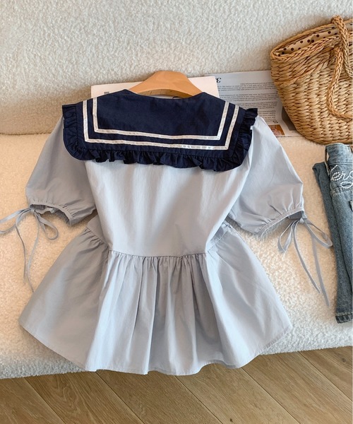 AMAJI（アマジ）の「リボン ウエストシェイプ 半袖 トップス（その他トップス・レディース・ライトブルー/ホワイト・SMALL/MEDIUM/LARGE）」の8枚目の写真