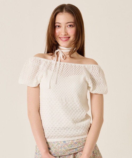 TINA:JOJUN(ティーナジョジュン)の「マルチウェイ 透かし編み ニットプルオーバー TINA:JOJUN(ベスト・レディース・ピンク/ダークパープル/ホワイト・M)」の6枚目の写真