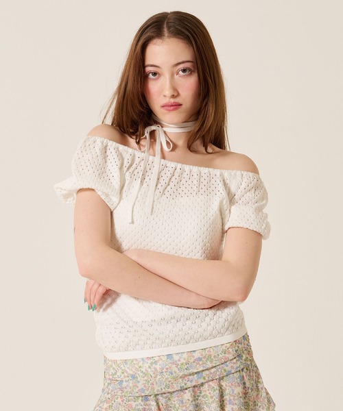 TINA:JOJUN(ティーナジョジュン)の「マルチウェイ 透かし編み ニットプルオーバー TINA:JOJUN(ベスト・レディース・ピンク/ダークパープル/ホワイト・M)」の7枚目の写真