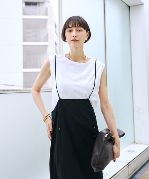 EMMA ROUGE VIF(エマルージュヴィフ)の「【2点セット/細見え】フレンチスリーブTシャツ×サスペンダースカート/キャミワンピース/スリットスカート/秋服/夏服/オフィスカジュアル/大人カジュアル(ジャンパースカート・レディース・ブラック/ライトベージュ・フリー)」の13枚目の写真