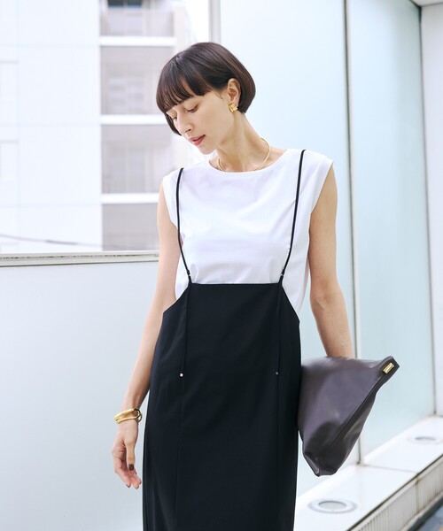 EMMA ROUGE VIF(エマルージュヴィフ)の「【2点セット/細見え】フレンチスリーブTシャツ×サスペンダースカート/キャミワンピース/スリットスカート/秋服/夏服/オフィスカジュアル/大人カジュアル(ジャンパースカート・レディース・ブラック/ライトベージュ・フリー)」の14枚目の写真