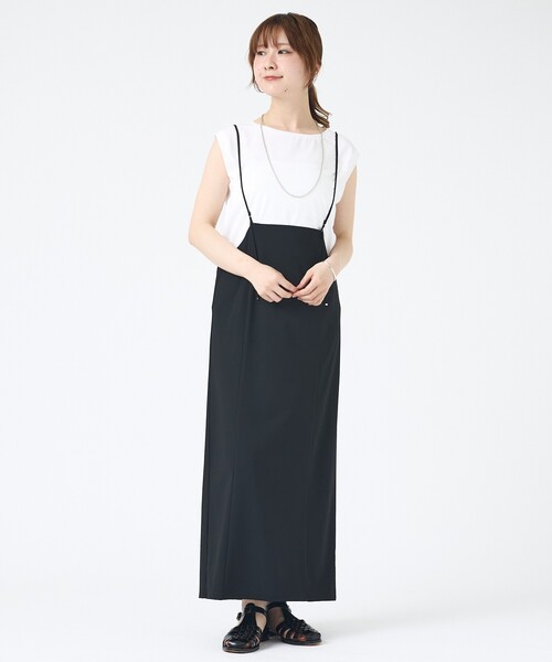 EMMA ROUGE VIF(エマルージュヴィフ)の「【2点セット/細見え】フレンチスリーブTシャツ×サスペンダースカート/キャミワンピース/スリットスカート/秋服/夏服/オフィスカジュアル/大人カジュアル(ジャンパースカート・レディース・ブラック/ライトベージュ・フリー)」の17枚目の写真