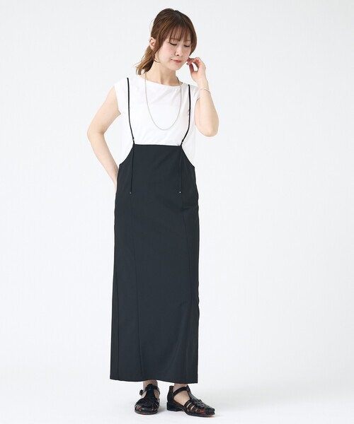 EMMA ROUGE VIF(エマルージュヴィフ)の「【2点セット/細見え】フレンチスリーブTシャツ×サスペンダースカート/キャミワンピース/スリットスカート/秋服/夏服/オフィスカジュアル/大人カジュアル(ジャンパースカート・レディース・ブラック/ライトベージュ・フリー)」の18枚目の写真