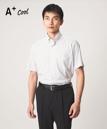 A+ COOL Pトリコット ナローストライプ スタンダード ボタンダウン 半袖 ドレスシャツ -ストレッチ・イージーアイロン・接触冷感・吸水速乾-