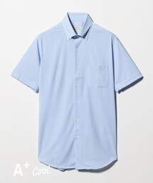 green label relaxing | A+ COOL Pトリコット ナローストライプ スタンダード ボタンダウン 半袖 ドレスシャツ -ストレッチ・イージーアイロン・接触冷感・吸水速乾-(ビジネスシャツ)