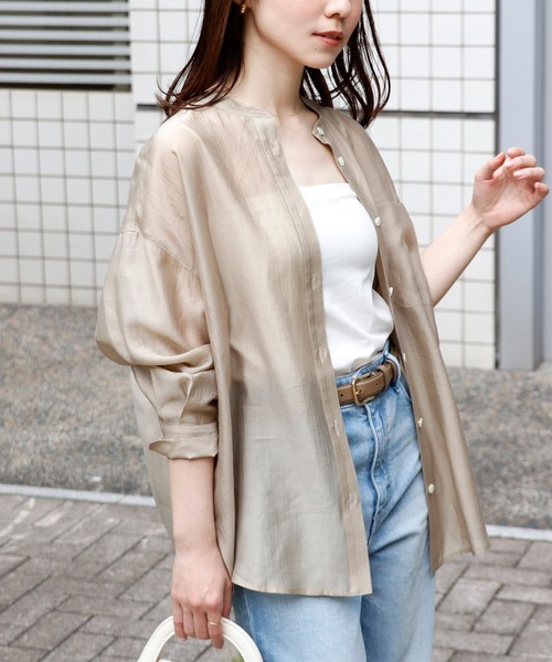 Sirin(シリン)の「シアーストライプオーバーシャツ(シャツ/ブラウス・レディース・ベージュ/ホワイト・FREE)」の1枚目の写真