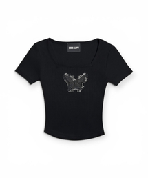 Frayed Butterfly Square Neck T-shirt (Black)