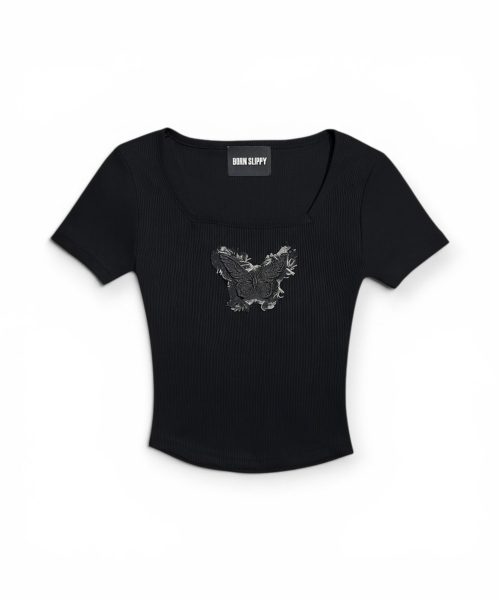 BORN SLIPPY(ボーンスリッピー)の「Frayed Butterfly Square Neck T-shirt (Black)(Tシャツ/カットソー・レディース・その他・FREE)」の1枚目の写真