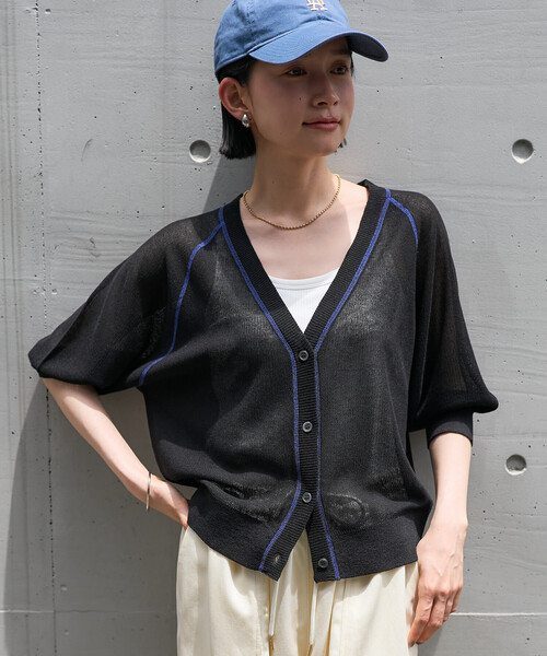 FREAK'S STORE(フリークスストア)の「シアー Vネック カーディガン/5分袖カーディガン/半袖カーディガン(カーディガン/ボレロ・レディース・ブラック/レッド/オフホワイト・フリ-)」の9枚目の写真