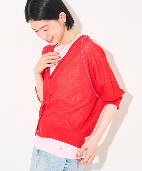 FREAK'S STORE(フリークスストア)の「シアー Vネック カーディガン/5分袖カーディガン/半袖カーディガン(カーディガン/ボレロ・レディース・ブラック/レッド/オフホワイト・フリ-)」の22枚目の写真