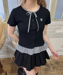 チェック配色リボンシャツトップス