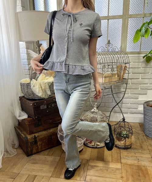 PHILLY(フィリー)の「チェック配色リボンシャツトップス(Tシャツ/カットソー・レディース・ブラック/グレー/ブラウン・FREE)」の12枚目の写真