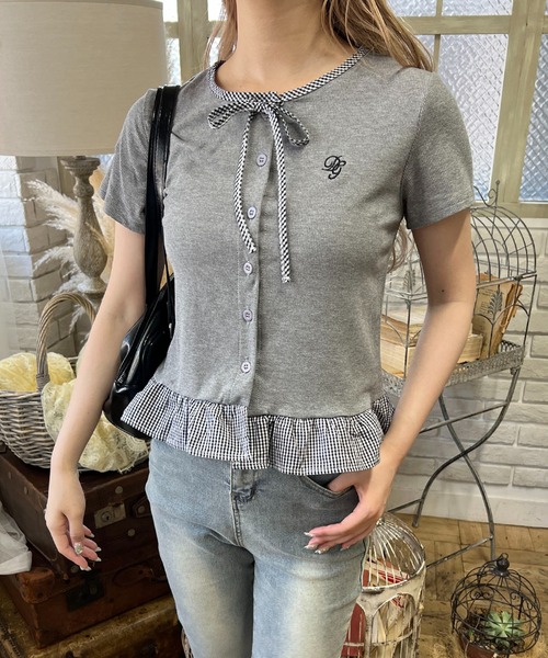 PHILLY(フィリー)の「チェック配色リボンシャツトップス(Tシャツ/カットソー・レディース・ブラック/グレー/ブラウン・FREE)」の9枚目の写真